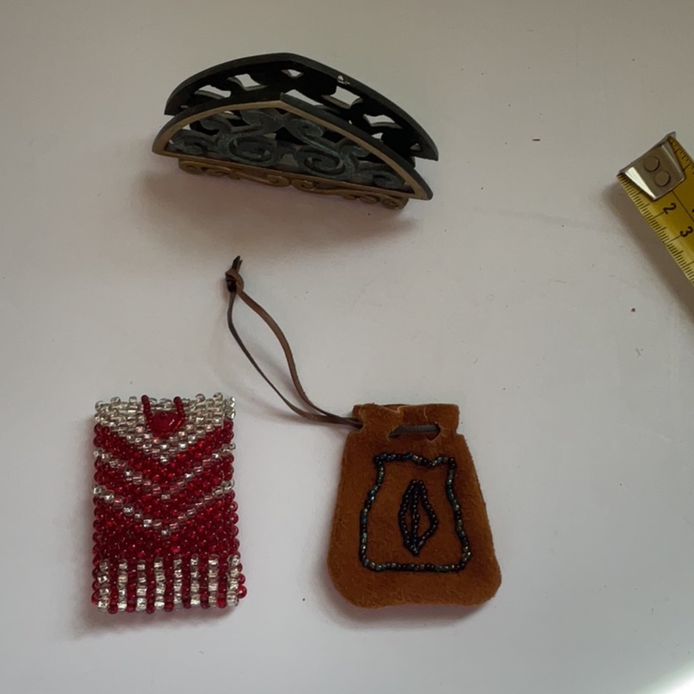 Red Beaded Pouch and Brown Felt Pouch Set with mini stand.